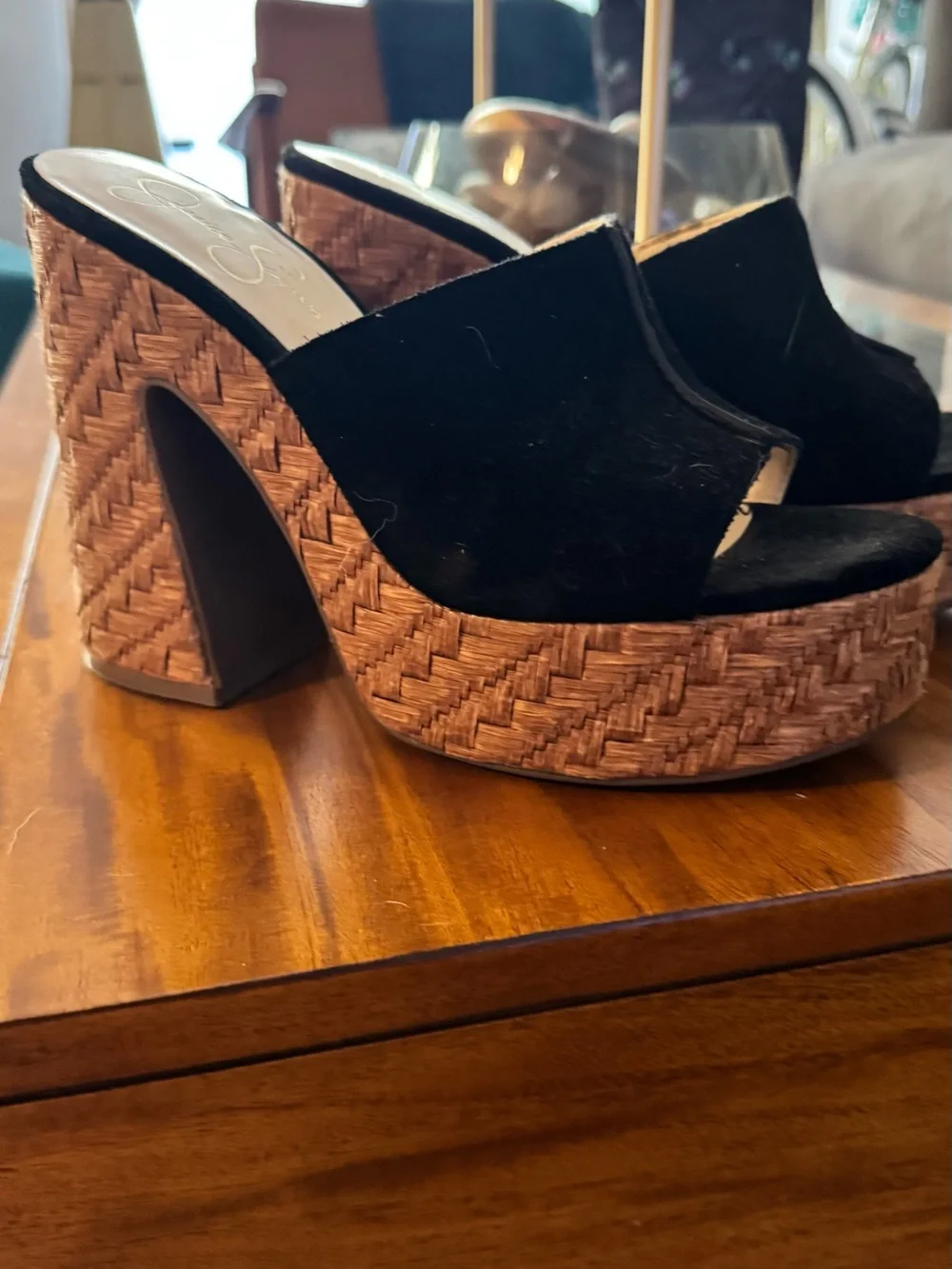 Jessica Simpson Black Suede Platform Mule with Woven Raffia Heel 8.5